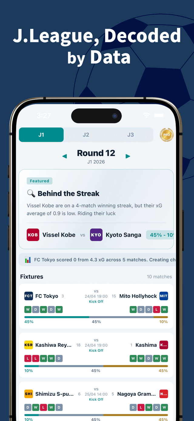 JPick app home — featured matchups with win probability